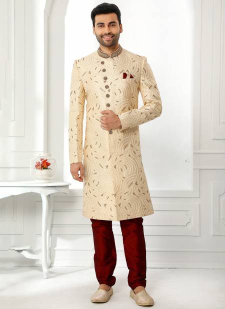 Beige And Maroon Colour Designer Wedding Wear Art Silk Sherwani Collection 1768